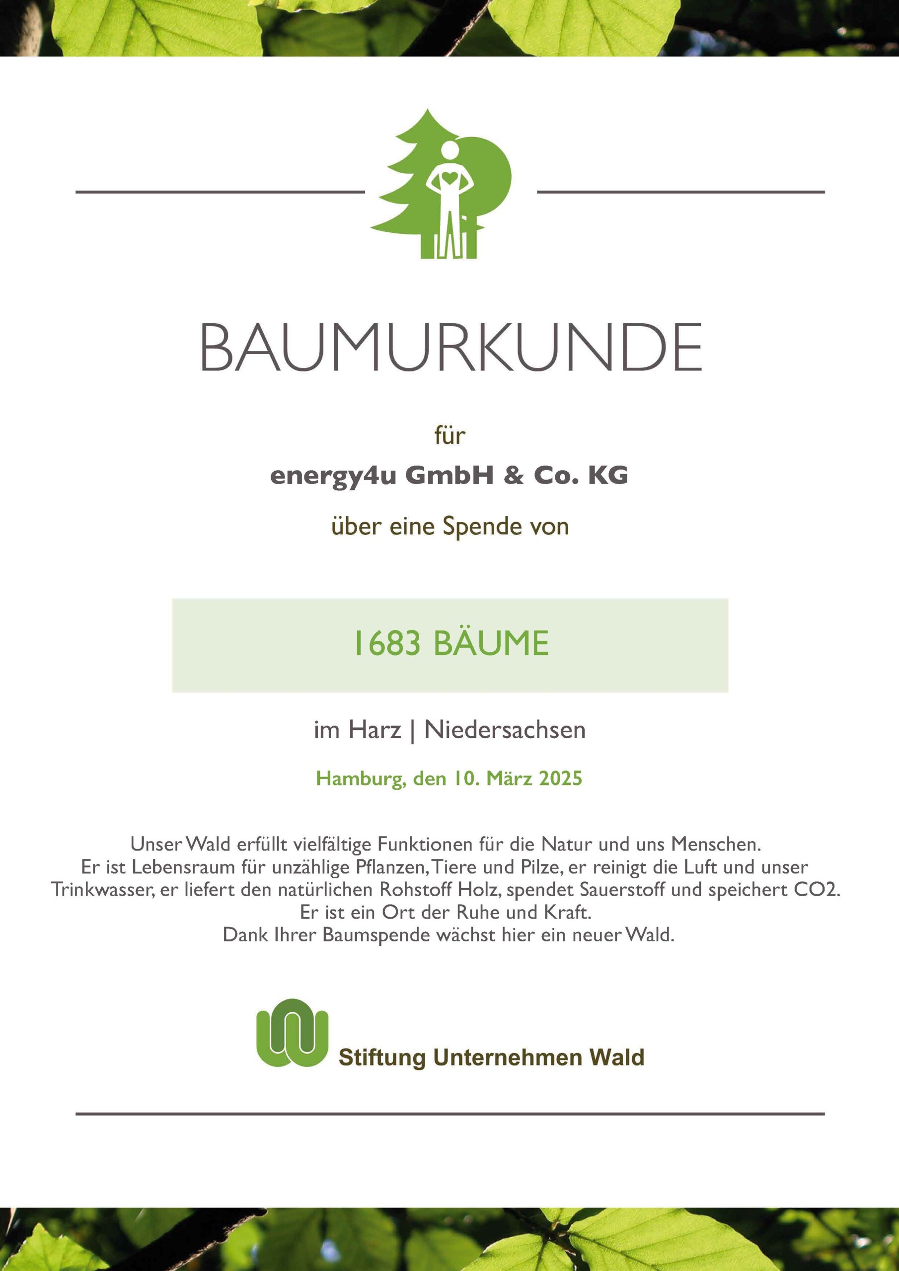 Urkunde Pflanzung Harz Eine Urkunde der Stiftung Wald für energy4u, die beurkundet, dass dort 1683 Bäume gepflanzt wurden.